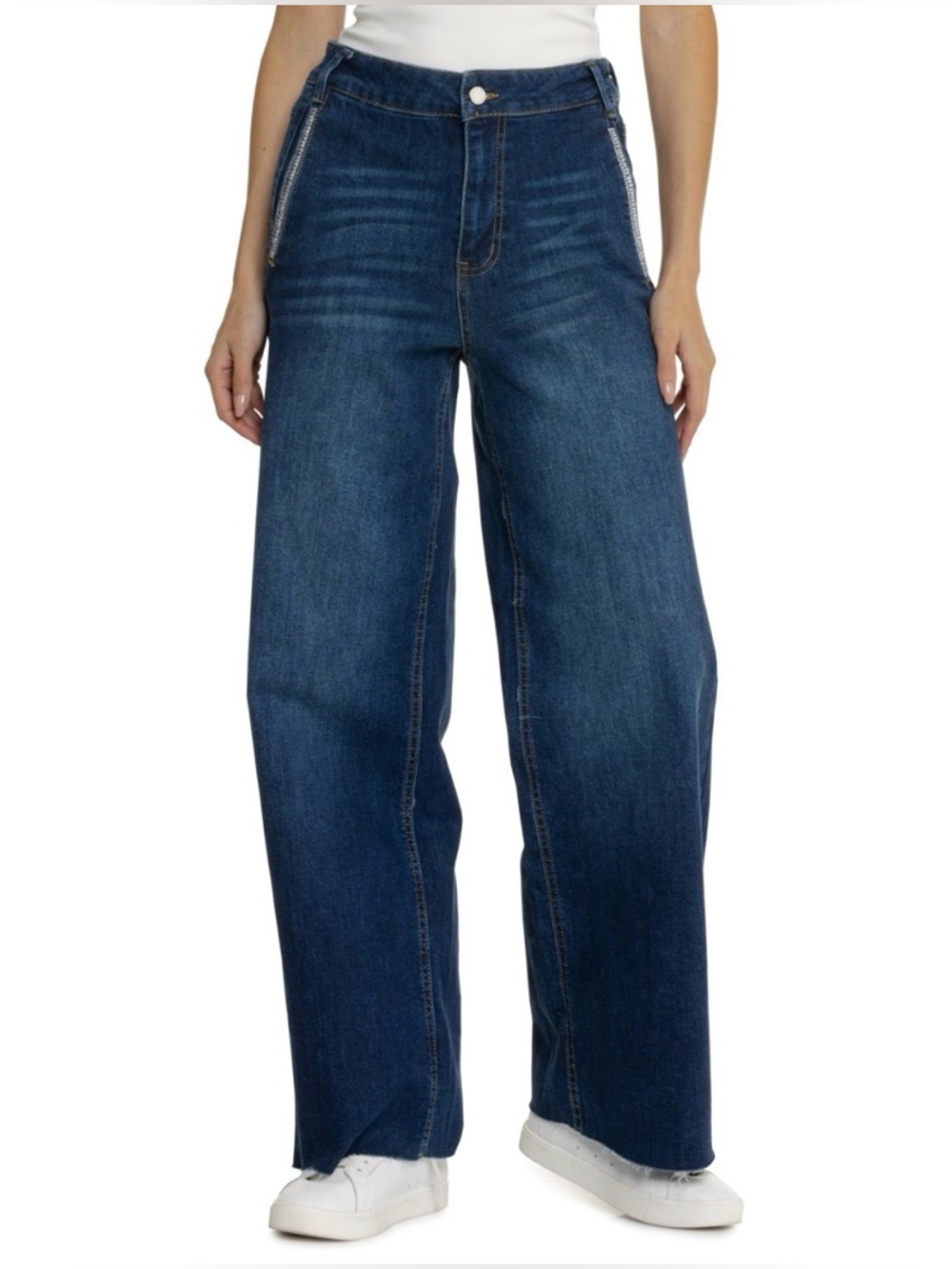 Oat New York Wide-Leg Un hemmed Rhinestone High-Rise Jeans in Deep Blue Denim 8‎